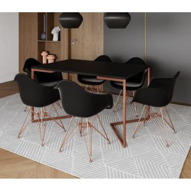 Imagem de Mesa Jantar Industrial Retangular Preta 137X90Cm Base V Cobre Com 6 Po