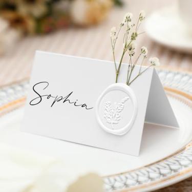 Imagem de Marspark Pacote com 50 cartões de casamento com selo de cera e mesa de flores secas, cartão de nome para impressão, cartão de nome de casamento, dia de Ação de Graças, Natal, jantares (branco)