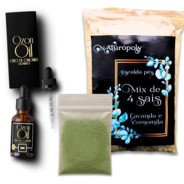 Imagem de Óleo de Camomila Ozonizado 30ml + Escalda Pés 4 Sais Himalaia Quântico Epsom Marinho + Argila Facial Verde 250g