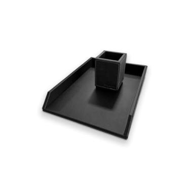 Imagem de Kit Escritório Organizador de Mesa Dry em Couro Legítimo - Porta Papel A4 e Porta Lápis (Preto)