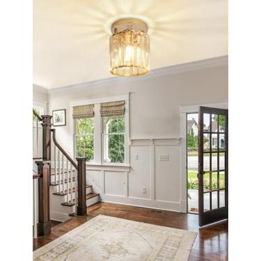 Imagem de Lustre de cristal dourado moderno com montagem semi-embutida para lustre de teto, pequeno perto da luz de teto para cozinha, quarto, corredor, entrada, lavanderia