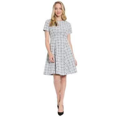 Imagem de London Times Vestidos femininos de manga curta Houndstooth Fit and Flare Professional Work Wedding Guest Dresses, Preto/branco/dourado, 42