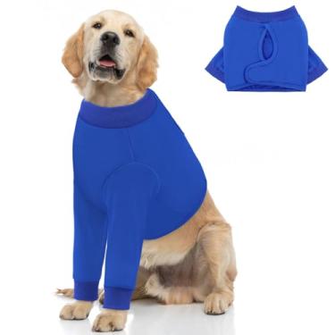 Imagem de Queenmore Terno grande de recuperação para cães, camisa de recuperação de cães, pernas frontais, manga anti-lamber, camisa ajustável pós-cirurgia para animais de estimação alternativa para cone, azul