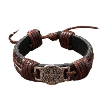 Imagem de Intercession Pulseira de couro trançado marrom São Bento, medalha de prata antiga, pulseira religiosa ajustável