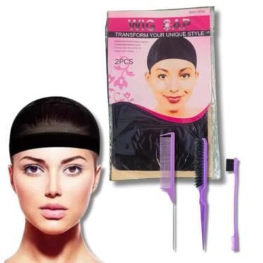 Imagem de Genérico Touca Protetora para Peruca, Preta, Material Respirável, 2 Peças, com Elástico Ajustável e Kit de Pentes para Acabamento