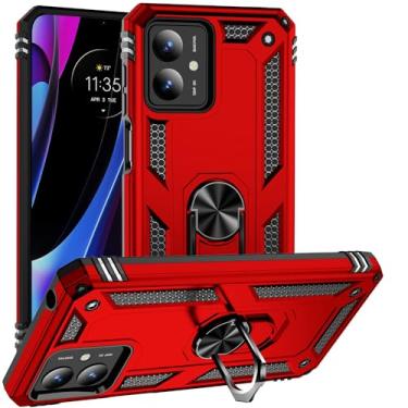 Imagem de SORAKA Capa para Motorola Moto G14 com suporte de anel capa armadura Motorola Moto G14 capa traseira de policarbonato rígido com placa de metal para telefone magnético suporte de carro vermelho
