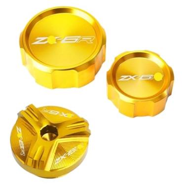 Imagem de Tampa do reservatório de fluido de freio dianteiro traseiro e tampa de enchimento de óleo do motor compatível com ZX6R ZX-6R ZX636 (conjunto dourado)