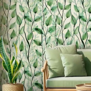 Imagem de ESSMOKO Papel de parede verde planta de videira PVC autoadesivo impermeável quarto sala de estar papel de parede decorativo quarto adesivo verde 45 * 500 cm