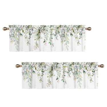 Imagem de Uiiooazy Sálvia verde folhas de cozinha sanefas aquarela folhas de eucalipto flores plantas saia para janela pequena 132x45 cm cortina de janela com bolso de haste para sala de estar quarto 2 painéis