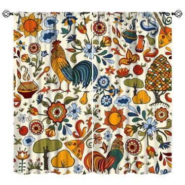 Imagem de XBDDZSW Cortinas vintage de galo para cozinha, vintage rústica fazenda de madeira prancha de madeira estampa de galo quarto sala de estar varão bolso cortinas de janela 2 painéis L 106 x C 113