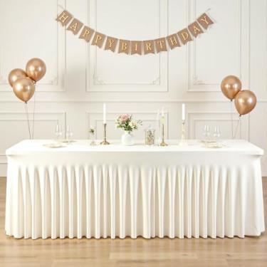 Imagem de Toalhas de mesa de 2,4 m marfim elastano para mesas retangulares, sem rugas, marfim retangular, capa de mesa elástica com saia para festa de casamento, aniversário, banquete, chá de bebê, buffet de