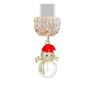 Imagem de ELISE & FONDA TP936 Tipo-C porta de carregamento cristal antipoeira pequeno boneco de neve 3D pingente de celular para iPhone 15/16/Samsung/OnePlus/Xiaomi/oppo telefones Android (branco)