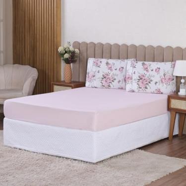 Imagem de Lençol 400 Fios 3 Peças Micropercal C/Elástico | Estampado Com Fronha | Solteiro Casal Queen King (Casal, Floral Rosa)
