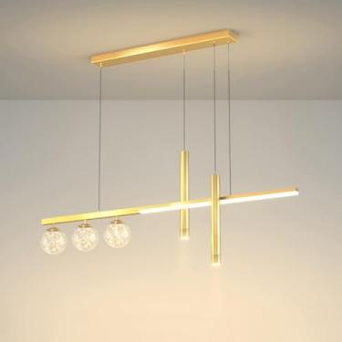 Imagem de Lustre moderno com listras de LED Lustre linear para sala de jantar Luminária pendente linear longa com bola de vidro Luminária suspensa de teto moderna para sala de estar Restaurante B, dou