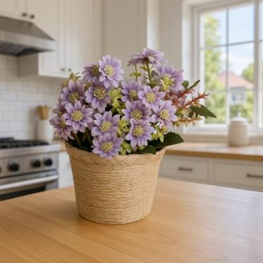 Imagem de Lizzi Home Decor Arranjo Decorativo com Flores Margaridas Artificiais, Vaso Rústico em MDF com Palha, Lilás, 30x12cm,2 Buquês