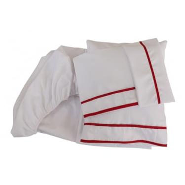 Imagem de Kit Berço Bebê 5 pçs Percal 100% Algodão 1 Lençol c Elástico 1 Lençol de cima 2 Fronhas 1 Travesseiro Cheio (Viés Vermelho, Pequeno de solteiro)