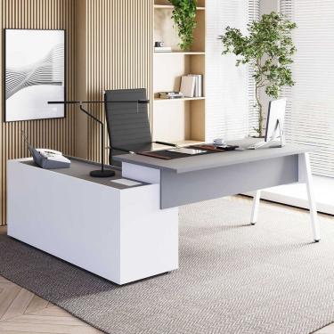 Imagem de Mesa L Diretor 180cm com Armário Lateral Tampo Chanfrado Pés em Metal Industrial Executive Cinza Sagrado/Branco