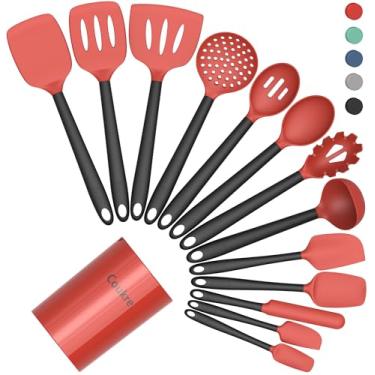 Imagem de Coukre Conjunto de utensílios de cozinha de silicone de 14 peças com suporte – resistente ao calor, utensílios de cozinha de grau alimentício, espátula, colher e utensílios para panelas antiaderentes