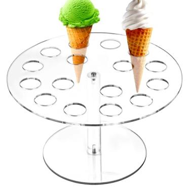 Imagem de CAIRIAC Suporte de cone de sorvete, 16 suportes redondos transparentes para neve, suporte de copo de acrílico, suporte de exibição de rolos de cone de waffle, usado para decoração de armazenamento de