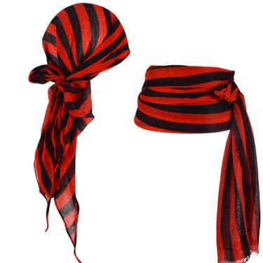 Imagem de SHUIMUHUABEN Fantasia de pirata masculina e feminina, conjunto de bandana e cinto, acessórios para estilo de chapéu de pirata e aventuras temáticas, Preto e vermelho, tamanho �nico