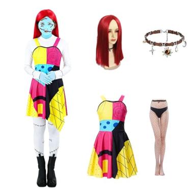 Imagem de ZZXIAOJIE Fantasia feminina Sally, vestido de Natal, Halloween, pesadelo, cosplay, roupa adulta com peruca vermelha e collants