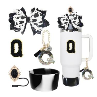 Imagem de RENUIS Conjunto de 5 peças de acessórios para copo Stanley de 30 e 1,134 g com alça, incluindo topo de palha, bota de silicone com glitter, decoração de arco de palha, pingente de letra de