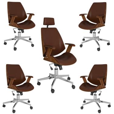 Imagem de Kit 4 Cadeiras Diretor e 1 Cadeira Presidente Giratórias Akon Marrom - Gran Belo