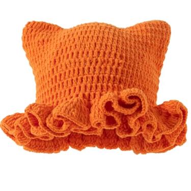 Imagem de eYourlife2012 Ruffled Brim Knitted Beanie Hats with Horns Handmade Crochet Bucket Hat with Cat Ears for Womens Cosplay Costumn Halloween (US, Alpha, One Size, Orange)
