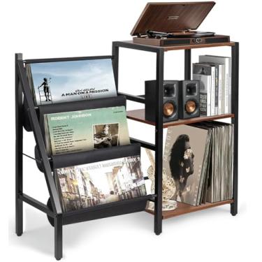 Imagem de Porta Vinil, Estante Vinil, Estante para Toca-Discos com Bolsa de Armazenamento em Tecido Oxford, Suporte para Toca-Discos, 3 Níveis Com Armazenamento