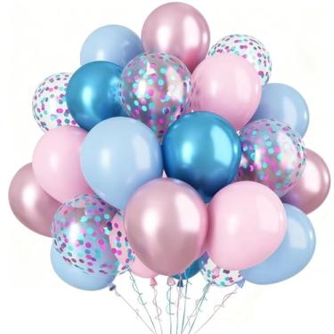 Imagem de 60 balões azuis e rosa, 30,5 cm metálico rosa azul confete balões de látex para aniversário, casamento, formatura, decorações de festa de Ano Novo