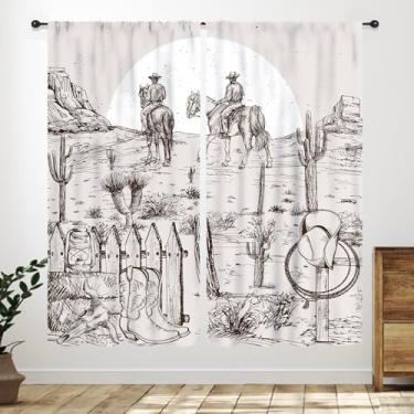 Imagem de Cortinas ocidentais para quarto, fazenda, caubói montando cavalo, cacto, deserto, vintage, estilo country ocidental, cortinas de janela, tratamentos para sala de estar, cozinha, banheiro, 2 painéis