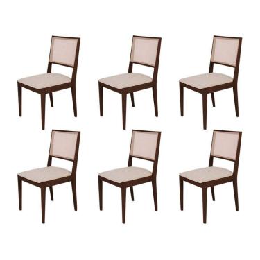 Imagem de Conjunto Com 6 Cadeiras De Jantar Estofada Suellen Em Madeira E Mdf Castanho Linho Bege