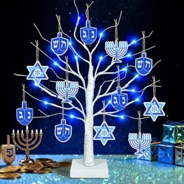 Imagem de [Temporizador] Decorações de Hanukkah para ambientes internos, 61 cm de bétula de Hanukkah com 24 luzes azuis, 12 menorá Dreidel Estrela de Davi, USB e bateria operada por Hanukkah, decorações de mesa