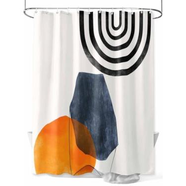 Imagem de Cortina de chuveiro com padrão boho azul laranja, linhas modernas abstratas, círculo, impermeável, lavável, conjunto de cortinas de banheiro para decoração de banheiro, 182 x 182 cm de comprimento