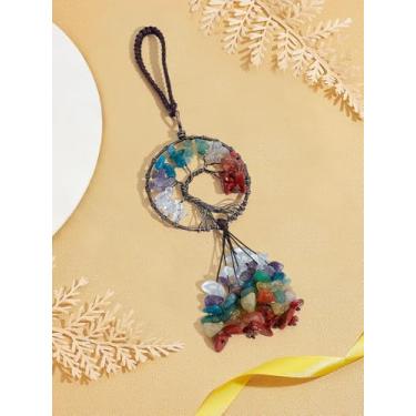 Imagem de 1 peça de acessórios para pendurar espelho de carro árvore da vida, lascas redondas planas envoltas de pedra preciosa sintética grande pingente decorações com fios de latão banhado a cobre vermelho e