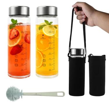 Imagem de Rackickyer Pacote com 2 garrafas de água de suco de vidro de 590 ml, garrafas de água de vidro de boca larga com tampas e manga, para sucos, vitaminas, leite, proteínas, reutilizáveis, à prova de