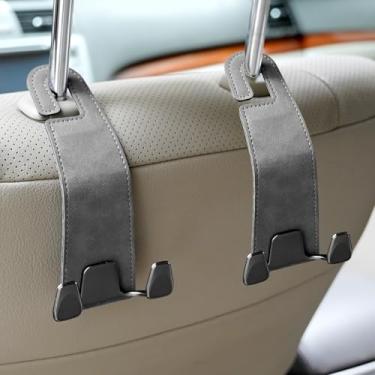 Imagem de Adorila Pacote com 2 ganchos de encosto de cabeça para carro | Cabide de couro vegano 2 em 1 e suporte de telefone | Organizadores automotivos de encosto de assento para bolsas, chapéus ou mantimentos