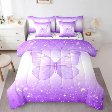 Imagem de Feelyou Conjunto de edredom fofo de borboleta, 7 peças, solteiro, com estampa estrelada e glitter, para crianças, meninos, meninas, decoração de quarto de princesa, respirável, macio