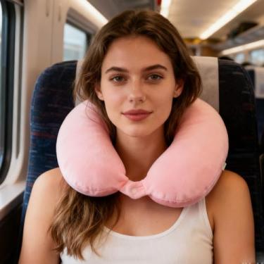 Imagem de Travesseiro de viagem de espuma viscoelástica para viagem, travesseiro de avião para viagem, carro, casa, escritório, capa lavável, rosa