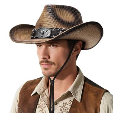 Imagem de Chapéu de cowboy de palha, chapéu de cowboy com bandeira americana para mulheres e homens, vintage, clássico, cowgirl, chapéu de sol para festa à fantasia, presente adulto, Caqui, Tamanho Único