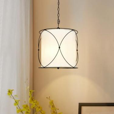 Imagem de Knwjmv Luminária Para Sala De Jantar, Lustres Drum Com Abajur Linho, Altura Ajustável, 3 Luzes, Quarto, Hall Entrada, Corredor, Estar, Luzes Pendentes 13'', Ilha Cozinha