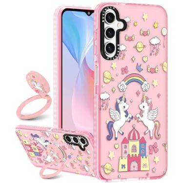 Imagem de Boaretiu Capa fofa Kawaii para Samsung Galaxy S24FE com suporte - Design de suporte de anel giratório adesivo de 360° para mulheres meninas e meninas para Samsung Galaxy S24FE capa, cavalo arco-íris