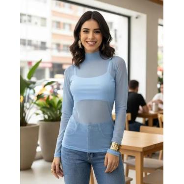 Imagem de Blusa Tule Leve Manga Longa Gola Alta Elegante Romantica - AdoraModas,