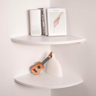 Imagem de VERSAWOOD Prateleiras de canto flutuantes, branco, 40,6 cm, de madeira de carvalho maciço, suporte para armazenamento de madeira, com furo de arame para plantas, fotos, alto-falantes, quarto, cozinha