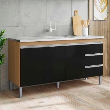 Imagem de Balcão Gabinete de Pia Andréia 150cm Amêndoa/Preto S/Tampo 2 Portas 3 Gavetas