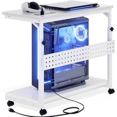 Imagem de Besiost Suporte de torre de computador com réguas de alimentação, suporte de torre de PC ajustável em altura/carrinho com rodas, suporte móvel para CPU rolante, suporte lateral de carrinho de