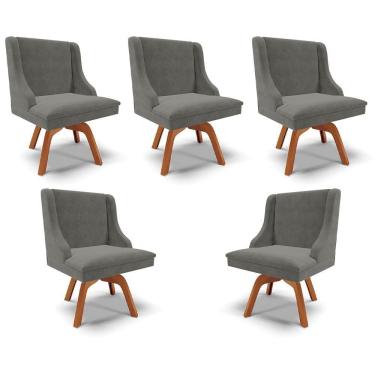 Imagem de Kit 5 Cadeiras Decorativas Sala De Jantar Base Giratória De Madeira Firenze Suede Grafite/natural
