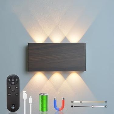 Imagem de Shelprojsu Arandela de parede LED sem fio, lâmpada de parede recarregável operada por bateria de 5200 mAh com controle remoto, 3 cores e luz de parede magnética regulável sem fio (nogueira, 1 peça)