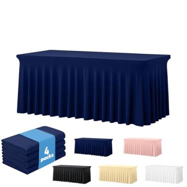 Imagem de Deep Dream Pacote com 4 toalhas de mesa de elastano azul marinho para mesas retangulares de 2,3 m, sem rugas, 2,8 m, toalha de mesa elástica para festa, banquete, casamento e eventos
