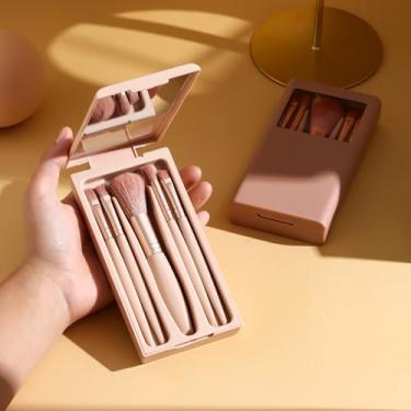 Imagem de Conjunto de pincéis de maquiagem de 5 peças com design de janela aberta espelhada, cerdas macias - 14 cm C x 7 cm L, marrom cameu